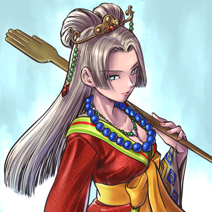 1girl, blue_background, blue_eyes, breasts, cleavage, commentary_request, dragon_quest, dragon_quest_xi, grey_hair, highres, holding, holding_paddle, japanese_clothes, jewelry, kimono, large_breasts, long_hair, looking_at_viewer, necklace, nima_daishi, paddle, parted_bangs, pekuchin_(pekuchin_3), red_kimono, solo, upper_body