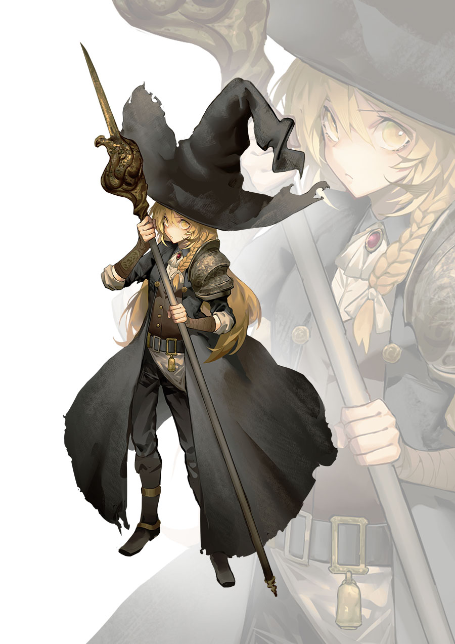 1girl, adapted_costume, armor, bell, belt, black_headwear, black_pants, blonde_hair