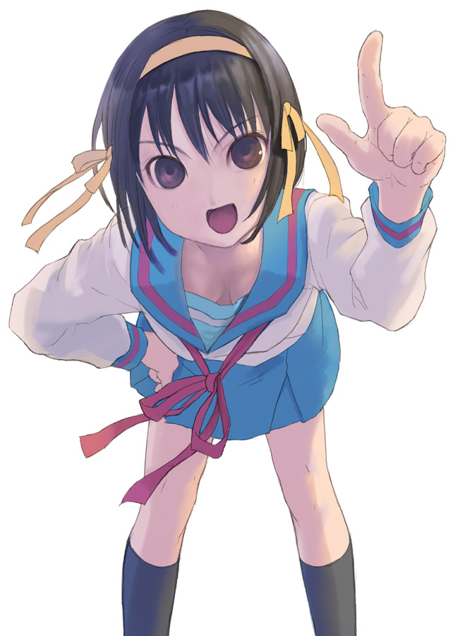 00s, 1girl, brown_eyes, brown_hair, female_focus, hairband, hand_on_own_hip, index_finger_raised