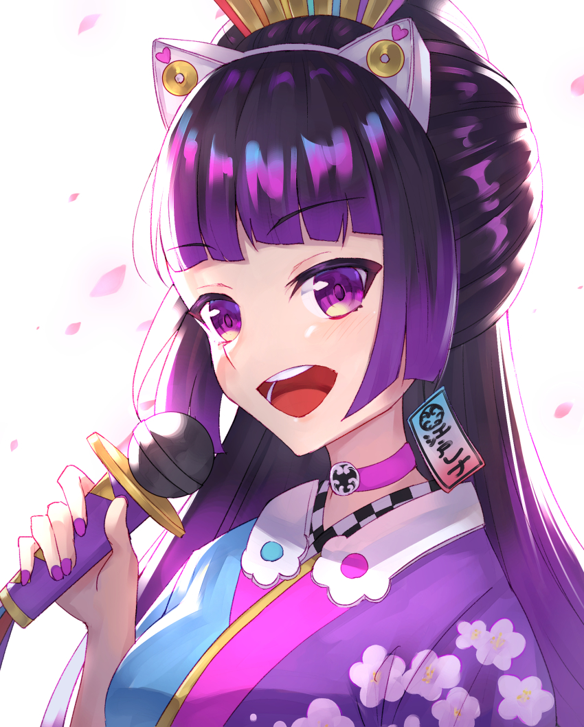 1girl, cherry_blossoms, choker, edo_lena, fingernails, floral_print, highres, holding, holding_microphone, indie_virtual_youtuber, japanese_clothes, kimono, long_hair, masaki_(msk064), microphone, nail_polish, open_mouth, petals, pink_choker, purple_eyes, purple_hair, purple_nails, solo, virtual_youtuber, white_background