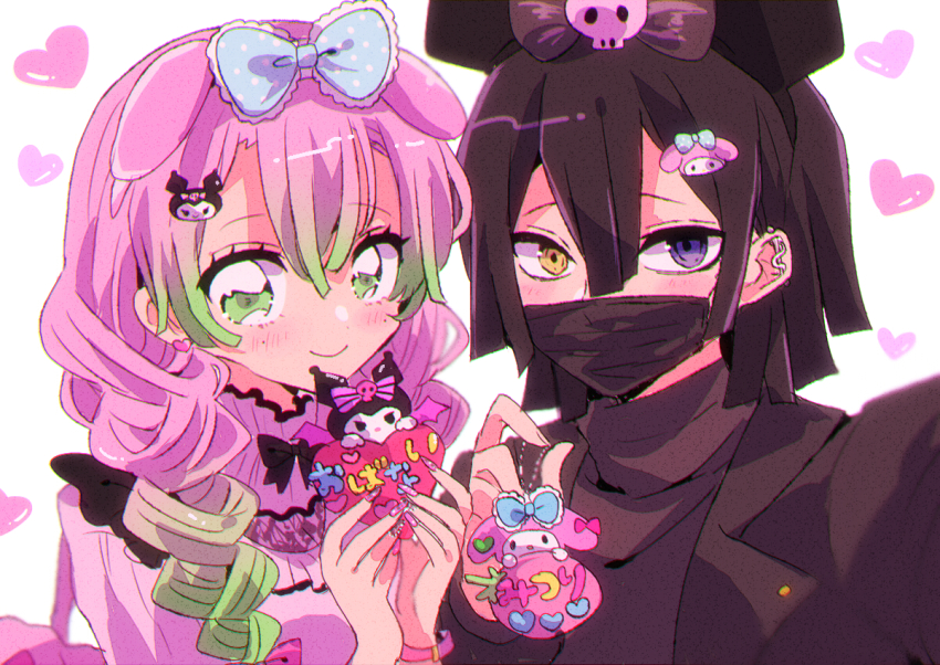1boy, 1girl, alternate_costume, animal, animal_around_neck, bandage_on_face, bandages, black_hair, blush, bow, braid, casual, dress, frilled_dress, frills, gradient_hair, green_hair, hair_bow, heart, heterochromia, iguro_obanai, jitome, kaburamaru, kanroji_mitsuri, kimetsu_no_yaiba, kuromi, mizumi_(mizmi), mole, mole_under_eye, multicolored_hair, my_melody, my_melody_(series), pink_hair, purple_eyes, retro_artstyle, sanrio, simple_background, smile, snake, sweater, tareme, turtleneck, turtleneck_sweater, white_background, white_snake, yellow_eyes
