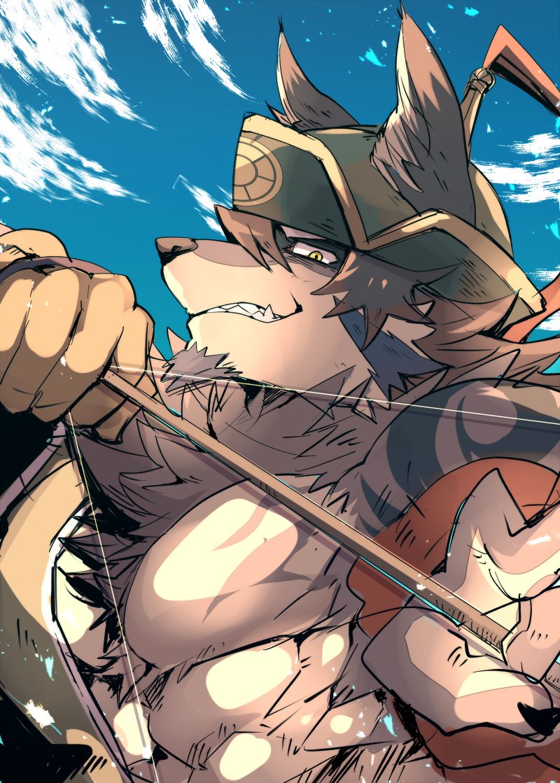 1boy, abs, animal_ears, arrow_(projectile), bara, bare_pectorals, beige_fur, bow_(weapon)