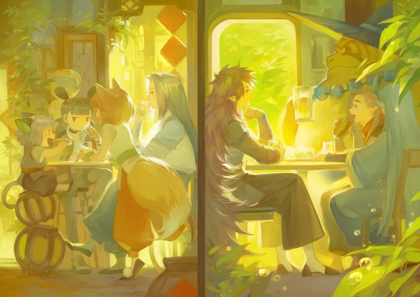 1girl, 6+boys, animal_ears, aqua_hair, black_footwear, black_hair, blunt_bangs, brown_hair