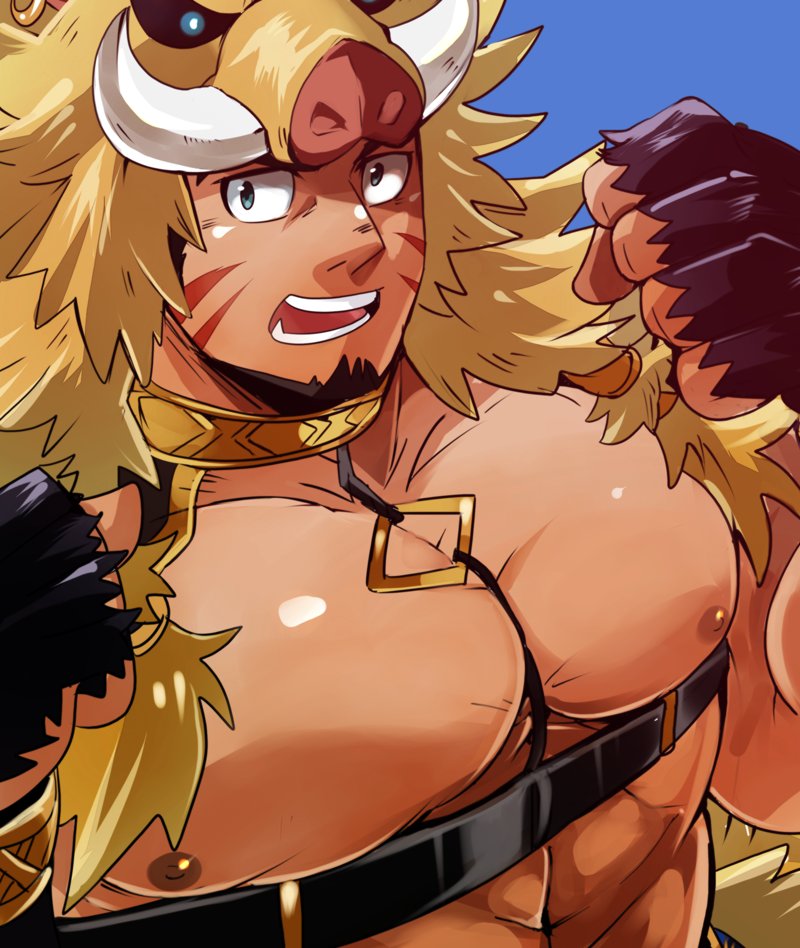 1boy, alternate_facial_hair, animal_hood, bara, beard, boar_hood, body_fur, brown_hair, bursting_pectorals, chest_harness, collar, facial_hair, fang, forked_eyebrows, fur_(clothing), gullinbursti_(housamo), harness, hood, large_pectorals, looking_at_viewer, male_focus, mature_male, muscular, muscular_male, navel, ohayashi55, pectoral_focus, pectorals, short_hair, solo, tokyo_houkago_summoners, upper_body