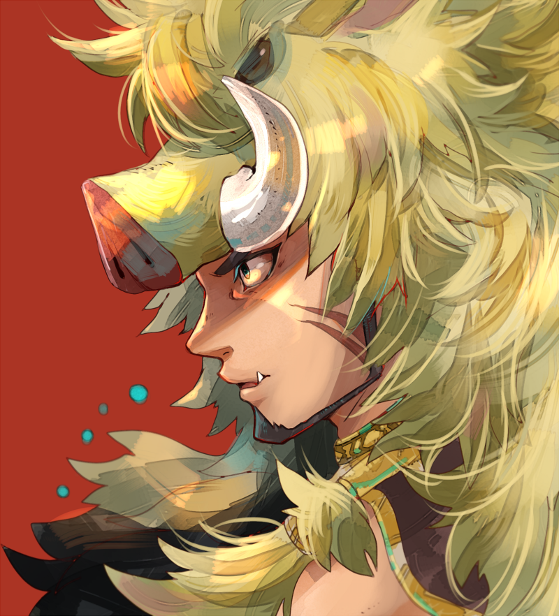 1boy, alternate_facial_hair, animal_hood, bara, beard, boar, boar_hood, brown_hair