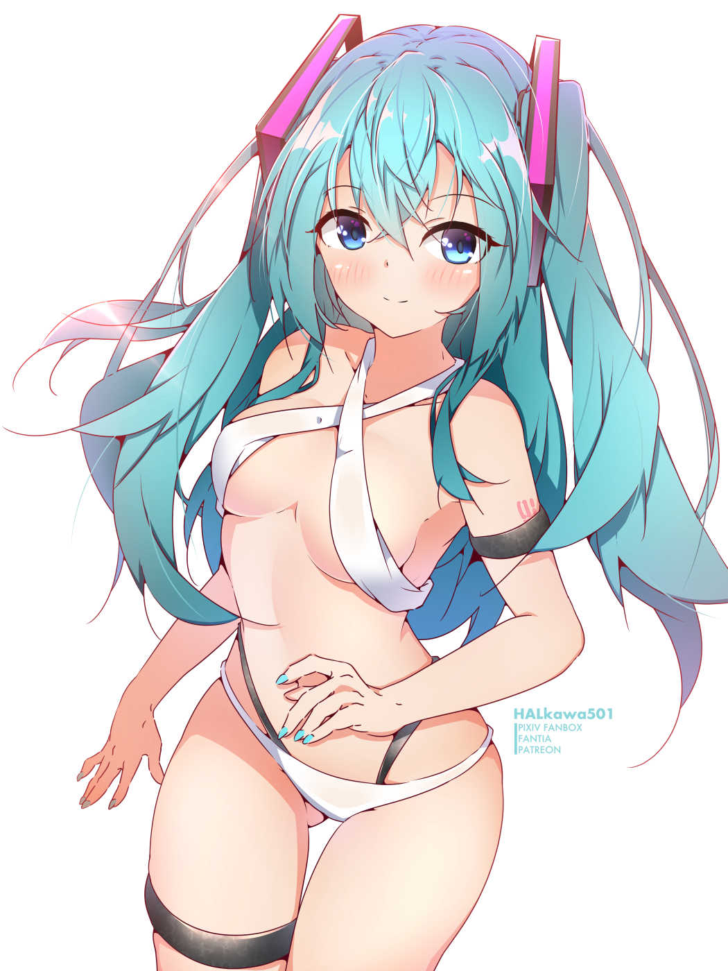 1girl, alternate_costume, aqua_hair, aqua_nails, artist_name, bare_shoulders, bikini, blue_eyes