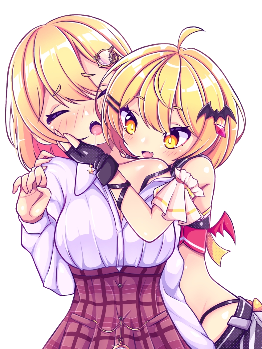 2girls, ahoge, aya_chan1221, bat_hair_ornament, bat_wings, black_gloves, blonde_hair, blush, bob_cut, breasts, closed_eyes, cropped_shirt, fang, fingerless_gloves, gloves, grin, hair_ornament, hairclip, hand_on_another's_cheek, hand_on_another's_face, high-waist_skirt, highres, hololive, hololive_english, large_breasts, multiple_girls, partially_undressed, plaid_clothes, plaid_skirt, pocket_watch, saliva, shirt, shorts, simple_background, skirt, smile, strap_slip, trait_connection, virtual_youtuber, watch, watson_amelia, white_background, white_shirt, wings, yellow_eyes, yozora_mel, yozora_mel_(2nd_costume), yuri