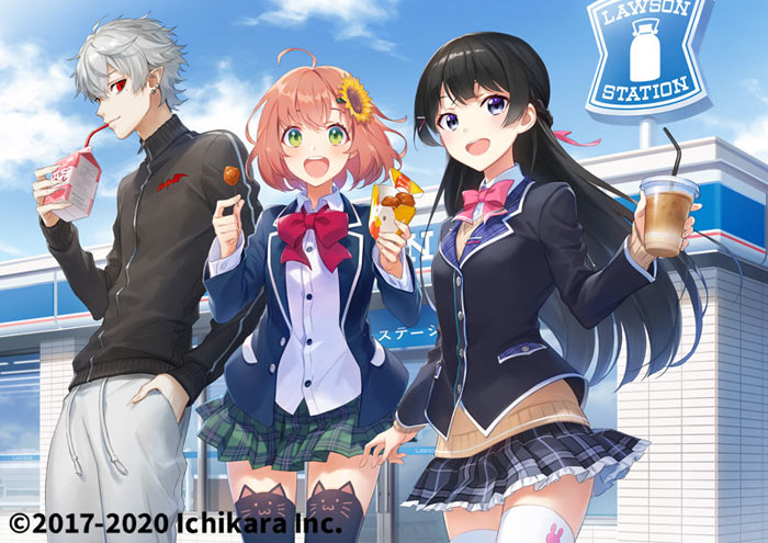 1boy, 2girls, animal_ear_legwear, black_hair, black_jacket, cat_ear_legwear, coffee, convenience_store