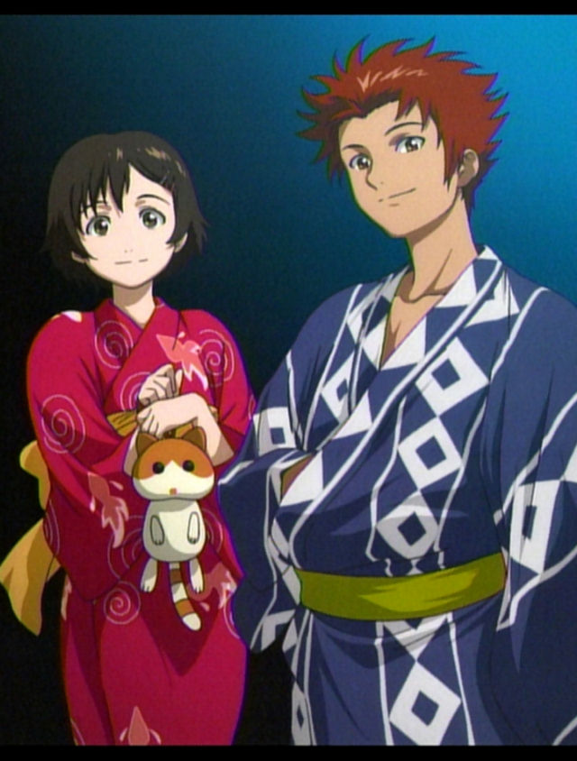 00s, 1boy, 1girl, anime_screenshot, blue_background, blue_kimono, brown_eyes, brown_hair