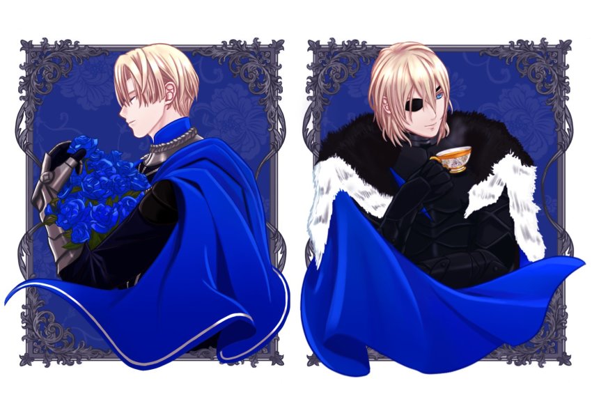 1boy, black_jacket, blonde_hair, blue_cape, blue_eyes, blue_flower, blue_rose, cape