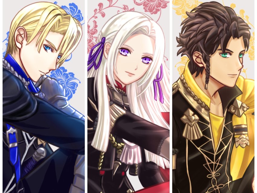 1girl, 2boys, black_jacket, blonde_hair, blue_eyes, braid, brown_hair, capri_(blaue0514)