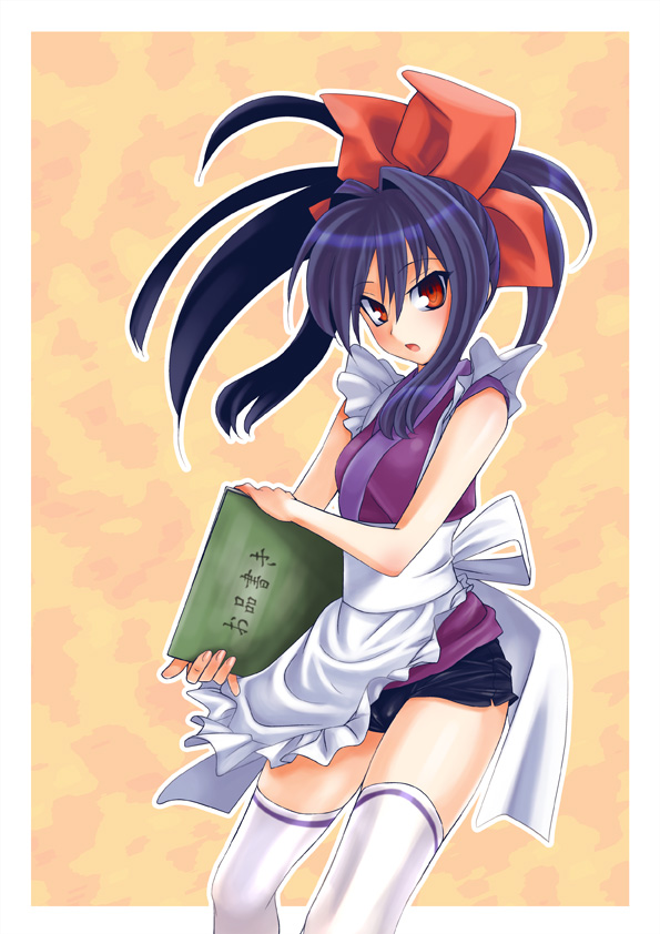 1girl, apron, bow, female_focus, hikabe_sakuho, japanese_clothes, shinrabanshou, shorts