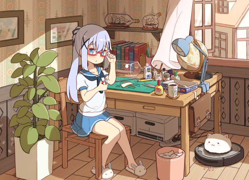 1girl, alternate_hairstyle, angora_rabbit, bare_legs, baseboard, blue_bow, blue_hair, blue_skirt, blush, book, bow, coaster, coffee, coffee_mug, cup, desk, desk_lamp, glasses, globe, glue, gochuumon_wa_usagi_desu_ka?, hair_ornament, kafuu_chino, lamp, legs_together, light_blue_hair, mohei, mug, neckerchief, open_window, pencil, plant, pliers, ponytail, rabbit, robotic_vacuum_cleaner, sailor_collar, school_uniform, serafuku, ship_in_a_bottle, short_sleeves, sitting, skirt, slippers, tippy_(gochiusa), wallpaper_(object), window, x_hair_ornament