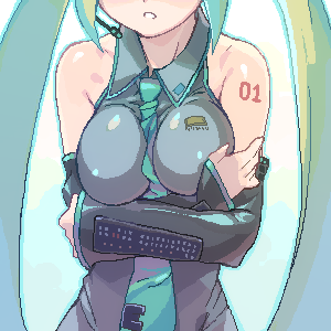 1girl, bare_shoulders, between_breasts, breast_hold, breasts, covered_erect_nipples, crossed_arms, detached_sleeves