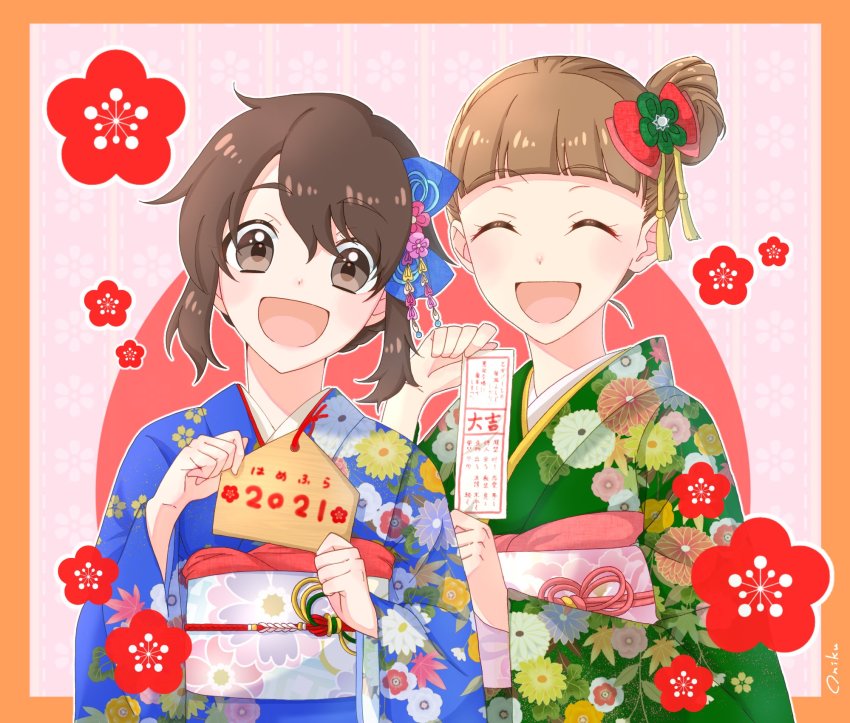 2021, 2girls, :d, alternate_hairstyle, artist_name, blue_kimono, blunt_bangs, blush
