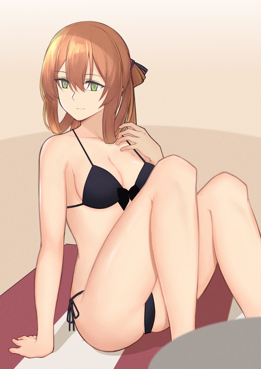 1girl, absurdres, bare_legs, bare_shoulders, bikini, black_bikini, black_bow, black_ribbon
