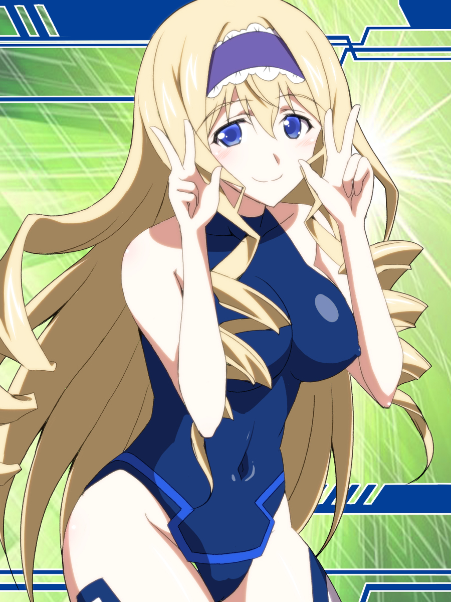 1girl, blonde_hair, blue_eyes, blue_hairband, blue_leotard, breasts, cecilia_alcott, covered_navel, cowboy_shot, double_v, drill_hair, green_background, hairband, highres, index_fingers_raised, infinite_stratos, kuroda_ariake, large_breasts, leotard, lolita_hairband, long_hair, looking_at_viewer, smile, solo, turtleneck, v
