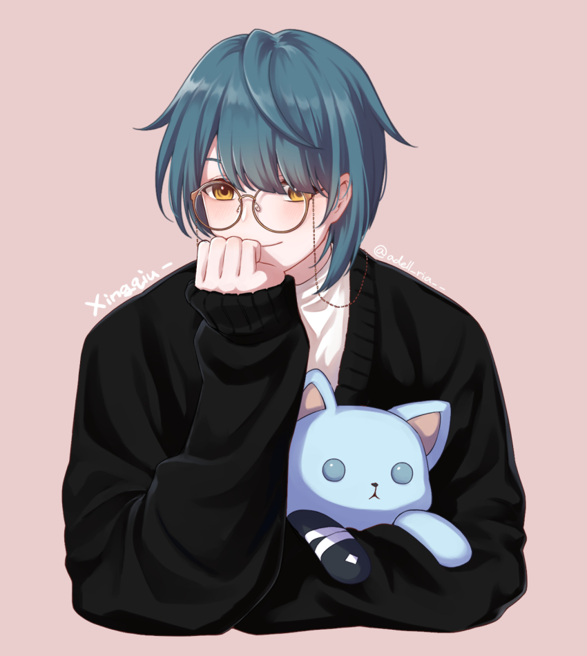 1boy, aqua_hair, beige_background, blush, brill_p, brown-framed_eyewear, character_name, closed_mouth