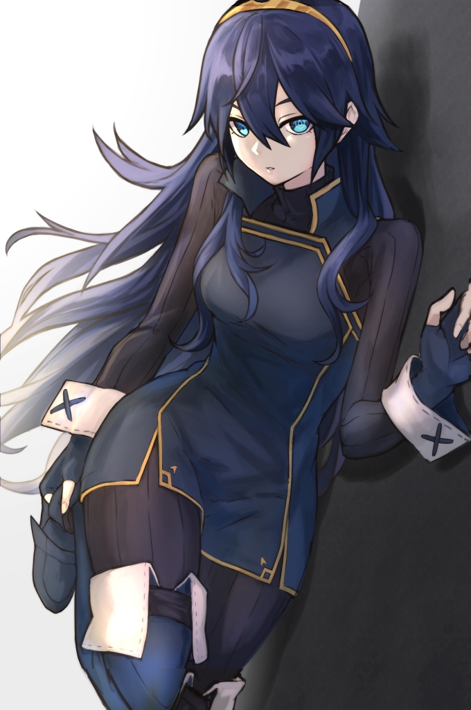 1girl, black_sweater, blue_eyes, blue_hair, boots, fire_emblem, fire_emblem_awakening, hair_between_eyes, leaning_to_the_side, leg_up, long_hair, long_sleeves, looking_at_viewer, lucina_(fire_emblem), nintendo, pants, parted_lips, solo, sweater, thigh_boots, thighhighs, tiara, turtleneck, turtleneck_sweater, very_long_hair, wall, wrist_cuffs, zuzu_(ywpd8853)