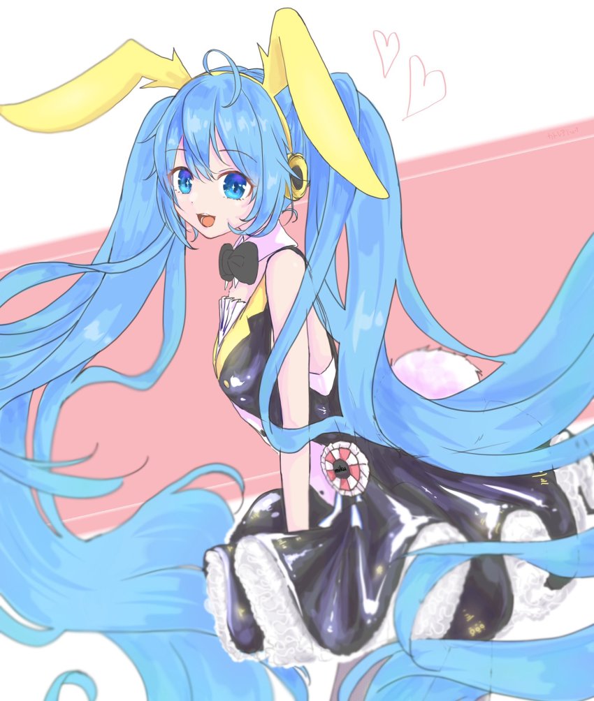 1girl, :d, absurdly_long_hair, ahoge, animal_ears, black_dress, black_neckwear, blue_eyes