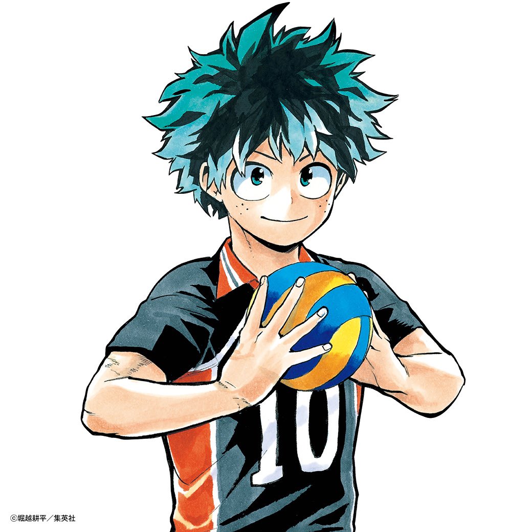 1boy, alternate_costume, ball, black_shirt, boku_no_hero_academia, collared_shirt, cosplay, curly_hair, freckles, green_eyes, green_hair, haikyuu!!, hair_between_eyes, hinata_shouyou_(cosplay), holding, holding_ball, horikoshi_kouhei, jersey, midoriya_izuku, official_art, scar, scar_on_arm, shirt, short_hair, short_sleeves, smile, solo, sports_uniform, sportswear, volleyball, volleyball_(object), volleyball_uniform, white_background