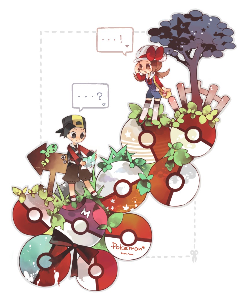 00s, 1boy, 1girl, bad_id, bad_pixiv_id, brown_hair, ethan_(pokemon), hat, hat_ribbon, highres, lyra_(pokemon), map, master_ball, nintendo, poke_ball, poke_ball_(basic), pokemon, pokemon_heartgold_and_soulsilver, red_ribbon, ribbon, rinju_umisu, sumisu_(rinsumi), tree