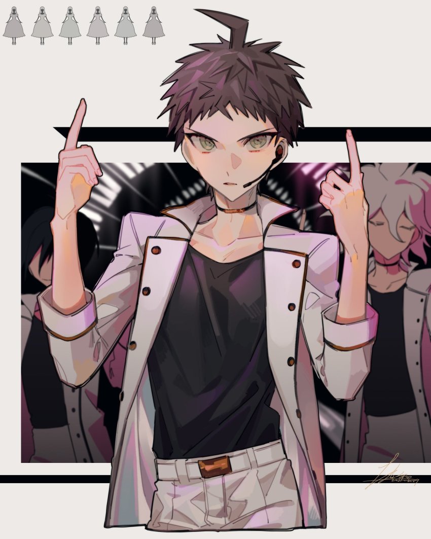 3boys, ahoge, belt, black_choker, brown_eyes, brown_hair, choker, closed_eyes