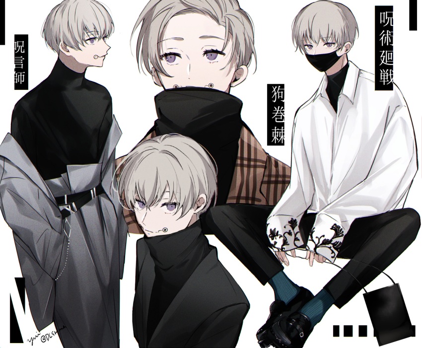 1boy, bag, belt, black_belt, black_footwear, black_jacket, black_shirt, blue_legwear