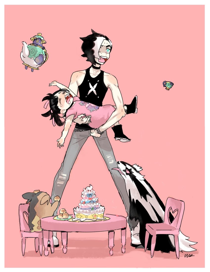 1boy, 1girl, aged_down, alcremie, black_footwear, black_hair, black_shirt, boots, border, brother_and_sister, cake, carrying, chair, collarbone, commentary_request, dress, dynamax, food, galarian_form, galarian_linoone, galarian_ponyta, gen_8_pokemon, gigantamax, gigantamax_alcremie, green_eyes, hair_ribbon, highres, legs_apart, marnie_(pokemon), morpeko, morpeko_(full), multicolored_hair, nintendo, open_mouth, outstretched_arms, pants, piers_(pokemon), pink_dress, pink_ribbon, plate, pokemon, pokemon_(creature), pokemon_sword_and_shield, polteageist, ribbon, shirt, siblings, sinistea, sleeveless, sleeveless_shirt, standing, table, tearing_up, teeth, tongue, two-tone_hair, usakomu_(komugiko), white_border
