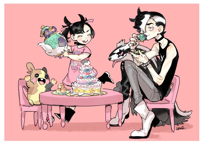 1boy, 1girl, aged_down, alcremie, asymmetrical_bangs, black_footwear, black_hair, black_shirt, boots, border, brother_and_sister, chair, character_print, closed_eyes, closed_mouth, commentary_request, dress, drinking, dynamax, eyelashes, family_bonding, galarian_form, galarian_linoone, galarian_ponyta, gen_8_pokemon, gigantamax, gigantamax_alcremie, green_eyes, hair_ribbon, highres, marnie_(pokemon), missing_tooth, morpeko, morpeko_(full), multicolored_hair, nintendo, open_mouth, pants, piers_(pokemon), pink_dress, pink_ribbon, poke_ball, poke_ball_(basic), pokemon, pokemon_(creature), pokemon_sword_and_shield, polteageist, ribbon, shirt, siblings, sinistea, sitting, sketch, sleeveless, sleeveless_shirt, smile, standing, table, two-tone_hair, usakomu_(komugiko), white_border
