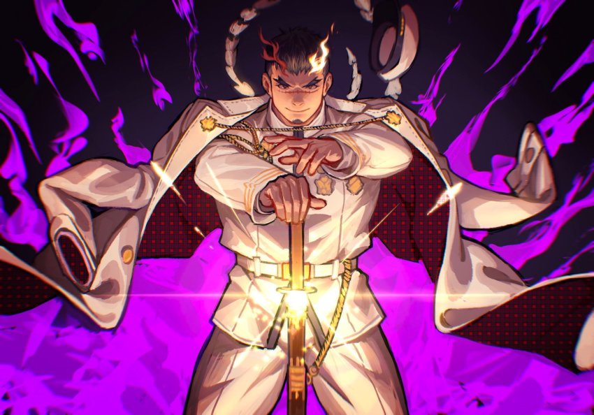 1boy, baimeme, bara, black_hair, bulge, character_request, coat, coat_on_shoulders