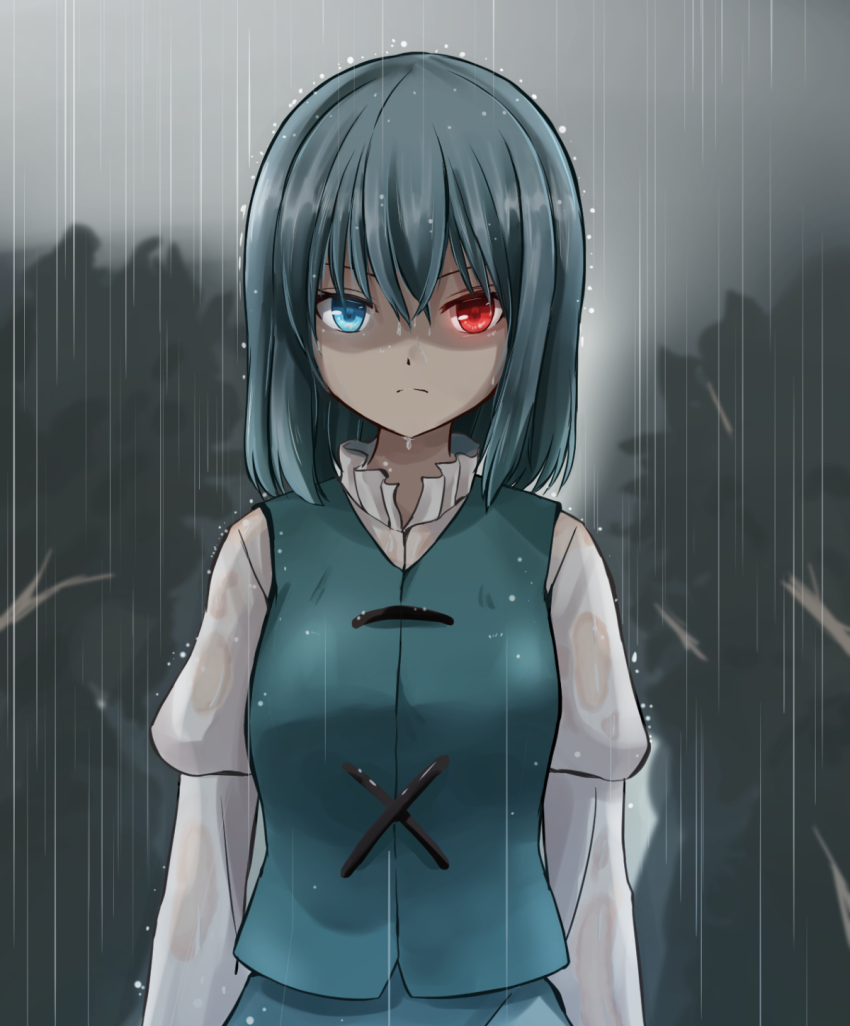 >:(, 1girl, angry, blue_eyes, cloud, cloudy_sky, hair_between_eyes, heterochromia