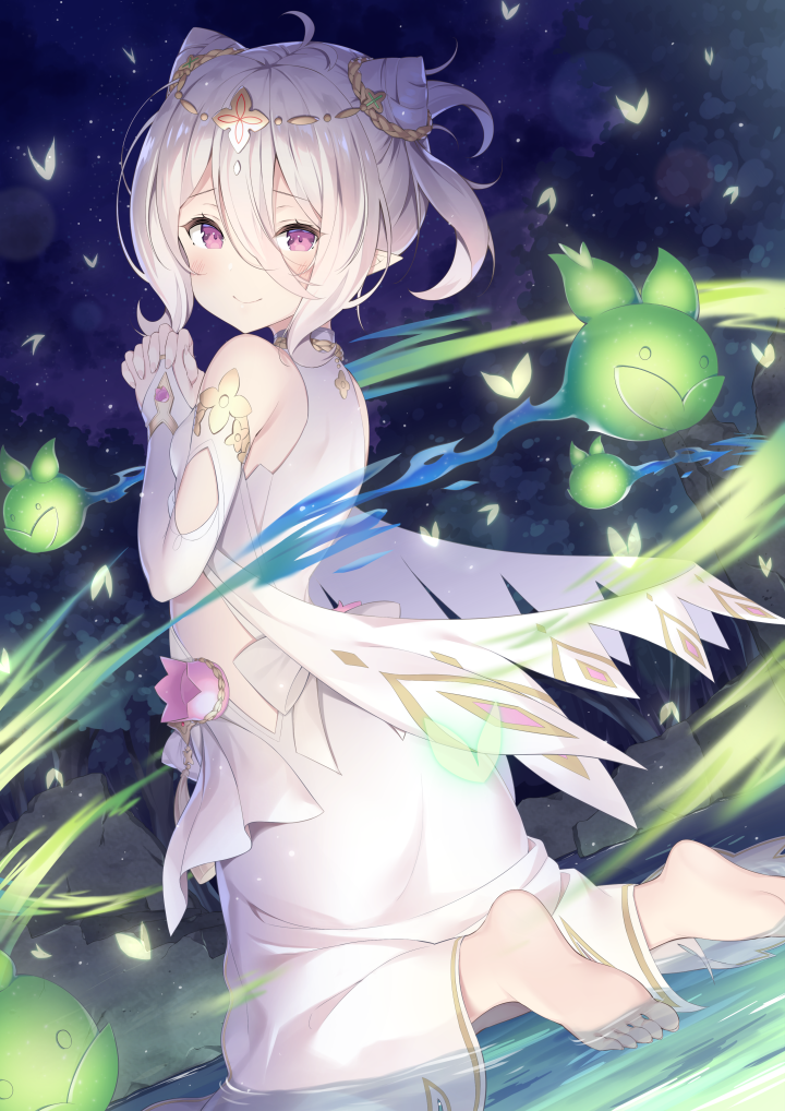 1girl, bare_shoulders, barefoot, bridal_gauntlets, closed_mouth, cloud, cloudy_sky, commentary_request