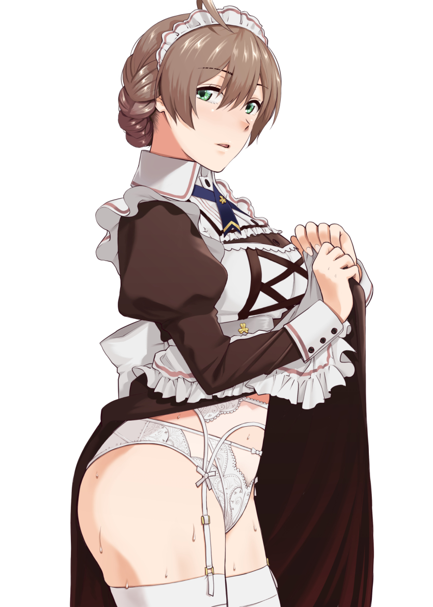 1girl, ahoge, apron, braid, clothes_lift, commentary_request, garter_belt, green_eyes, highres, idolmaster, idolmaster_million_live!, idolmaster_million_live!_theater_days, juliet_sleeves, kirihara_you, light_brown_hair, long_sleeves, looking_at_viewer, looking_to_the_side, maid, maid_headdress, panties, puffy_sleeves, sakuramori_kaori, short_hair, skirt, skirt_lift, solo, sweat, thighhighs, three_sisters_cafe_(idolmaster), underwear, white_background, white_panties, white_thighhighs
