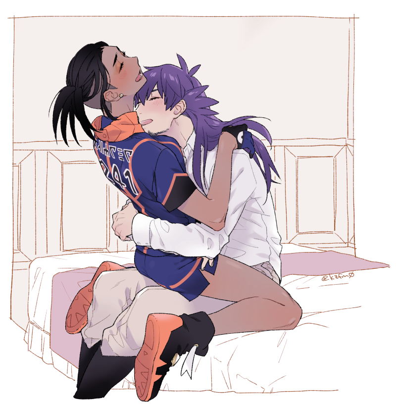 1boy, 1girl, black_footwear, black_hair, blush, boots, closed_eyes, commentary_request