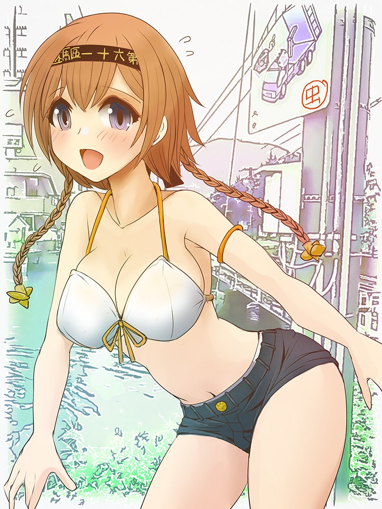 1girl, bikini, bikini_top_only, braid, breasts, cleavage, collarbone, cowboy_shot