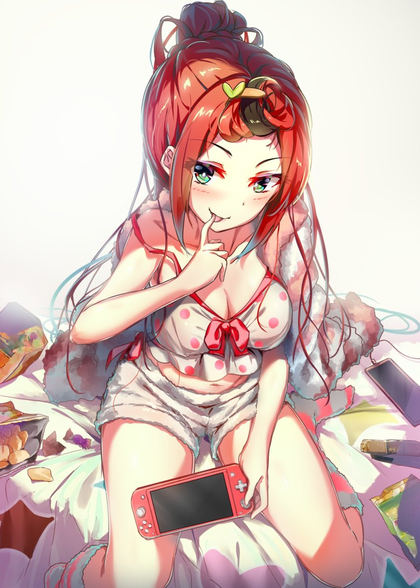 1girl, bangs_pinned_back, bed, blanket, blue_socks, bow, breasts, camisole, candy, candy_wrapper, cellphone, chips_(food), cleavage, collarbone, commentary, commission, controller, crop_top, english_commentary, food, full_body, game_controller, green_eyes, hair_ornament, hairclip, high_ponytail, highres, holding, holding_controller, holding_game_controller, indie_virtual_youtuber, kneehighs, large_breasts, licking, licking_finger, light_blush, long_hair, looking_at_viewer, midriff, mira_pink, mixed-language_commentary, navel, nintendo_switch, on_bed, pajamas, phone, pink_socks, polka_dot, ponytail, potato_chips, red_bow, red_hair, second-party_source, shirt, shorts, sidelocks, simple_background, sitting, skeb_commission, smartphone, socks, solo, strap_slip, striped_clothes, striped_socks, thighs, two-tone_legwear, virtual_youtuber, white_background, white_shirt, wingheart