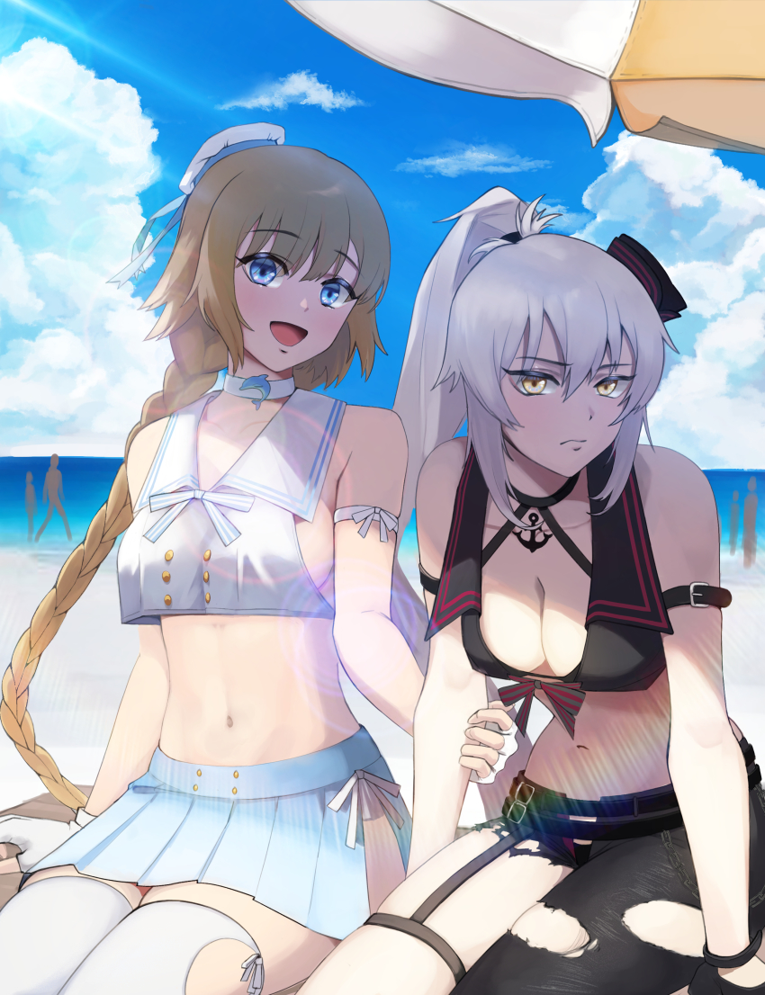 2girls, absurdres, ahoge, bare_shoulders, beach, beach_umbrella, bikini, black_gloves