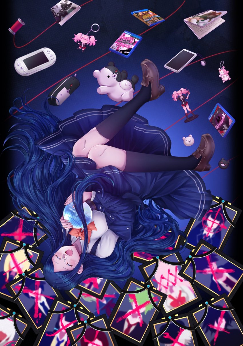 1girl, :d, akamatsu_kaede, amami_rantaro, black_skirt, black_socks, blood, blush