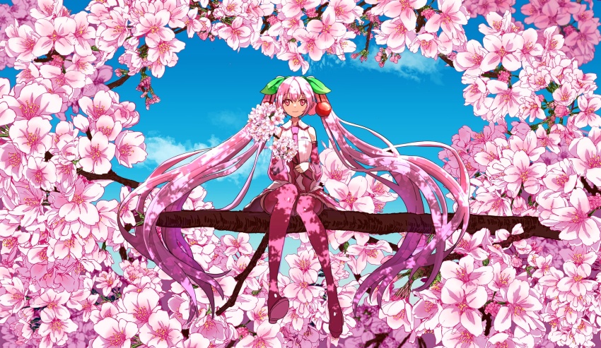 1girl, bare_shoulders, blue_sky, boots, branch, cherry, cherry_blossoms, cherry_hair_ornament