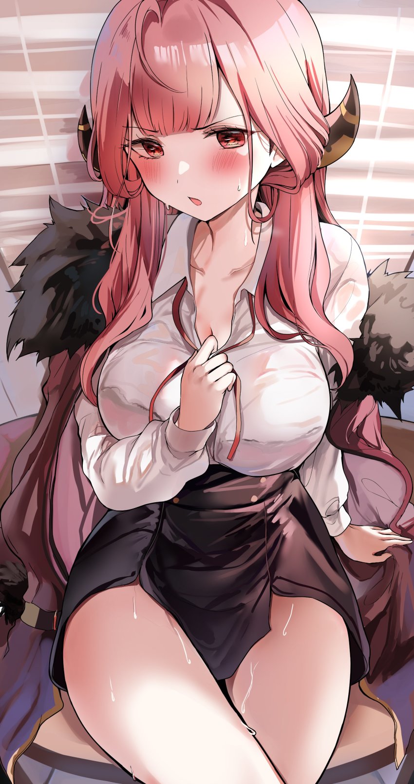 1girl, absurdres, aru_(blue_archive), bad_anatomy, bad_neck, black_skirt, blue_archive, blush