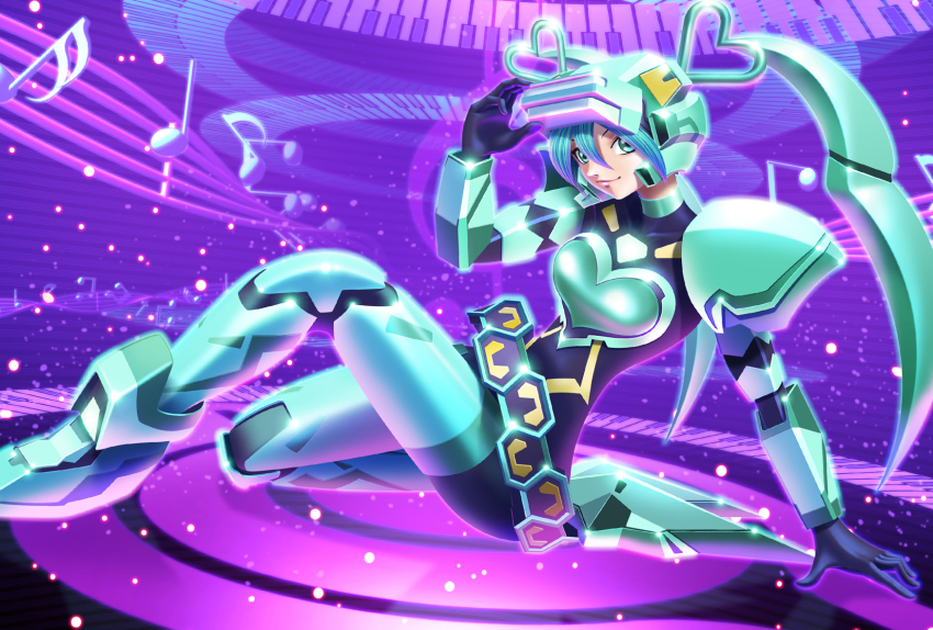 1girl, aqua_eyes, armor, blue_hair, breasts, cosplay, crossover, eyewear_on_head