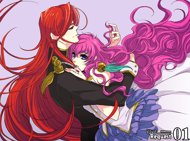 1990s_(style), 1boy, 1girl, bad_id, bad_pixiv_id, bishounen, blue_dress, couple, dress, from_side, hetero, hug, kiryuu_touga, long_hair, long_sleeves, profile, red_hair, retro_artstyle, shoujo_kakumei_utena, shoujo_kakumei_utena_adolescence_mokushiroku, tako_rii, tenjou_utena, very_long_hair, wavy_hair