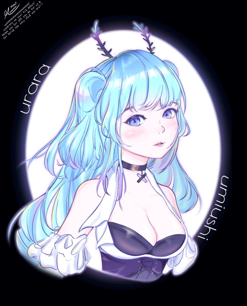 1girl, antennae, black_choker, blue_eyes, blue_hair, blush, breasts, character_name