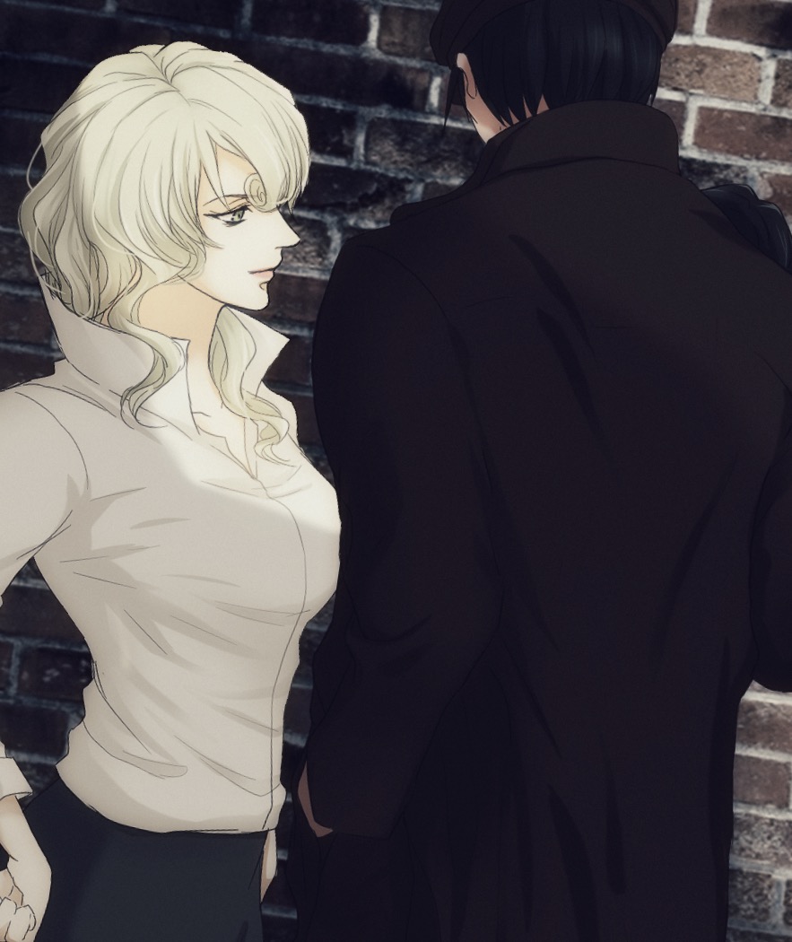 1boy, 1girl, akai_tsutomu, black_coat, black_hair, black_headwear, black_skirt, blonde_hair, breasts, brick_wall, closed_mouth, coat, collarbone, collared_shirt, commentary_request, facing_away, from_behind, from_side, green_eyes, hair_between_eyes, hand_in_pocket, hand_on_own_hip, hat, hidden_face, husband_and_wife, long_hair, long_sleeves, looking_to_the_side, mary_sera, meitantei_conan, pencil_skirt, popped_collar, ryo_kamai, shirt, short_hair, skirt, standing, white_shirt