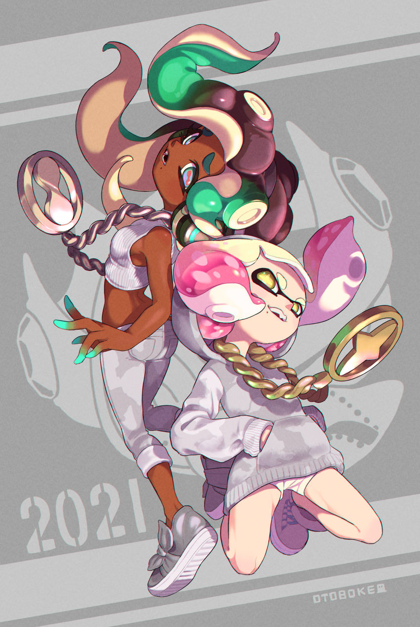 +_+, 2021, absurdres, animal_print, artist_name, back-to-back, black_hair, blunt_bangs