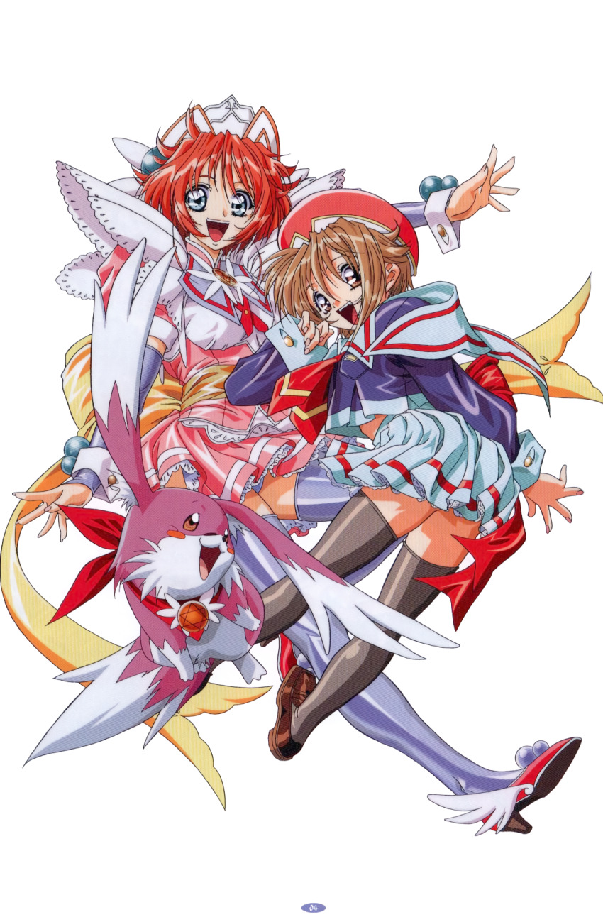 blue_eyes, brown_eyes, brown_footwear, brown_hair, creature, dress, grey_legwear, hat