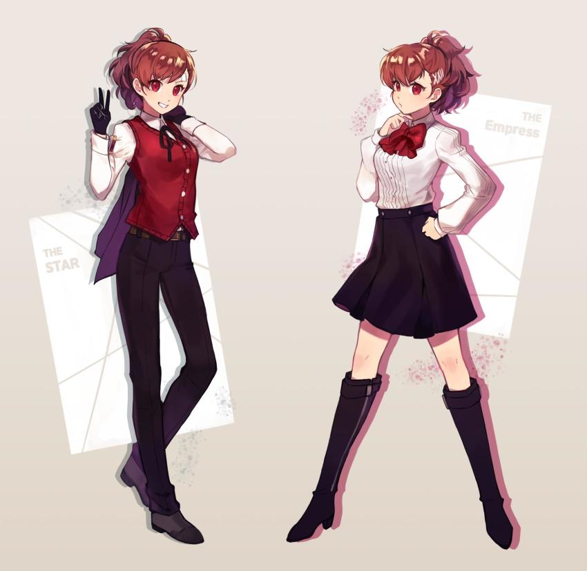 2girls, black_footwear, black_gloves, black_pants, black_ribbon, black_skirt, boots, bow, bowtie, brown_hair, byoru, closed_mouth, collared_shirt, cosplay, dress_shirt, full_body, gekkoukan_high_school_uniform, gloves, grey_background, grin, hand_on_own_hip, highres, kirijou_mitsuru, kirijou_mitsuru_(cosplay), knee_boots, miniskirt, multiple_girls, neck_ribbon, pants, persona, persona_3, persona_3_portable, pleated_skirt, red_bow, red_eyes, red_neckwear, red_vest, ribbon, sanada_akihiko, sanada_akihiko_(cosplay), school_uniform, shiomi_kotone, shirt, skirt, smile, standing, v, vest, white_shirt, wing_collar