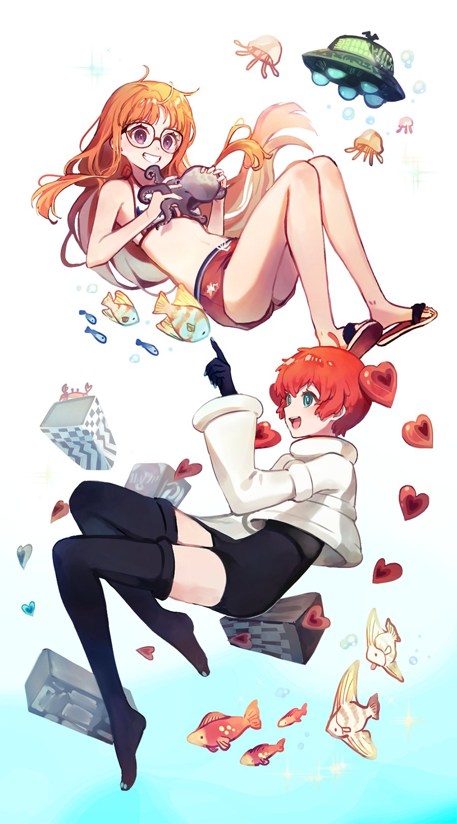 2girls, aqua_eyes, bikini, bikini_shorts, black_gloves, black_jumpsuit, black_legwear, blue_eyes