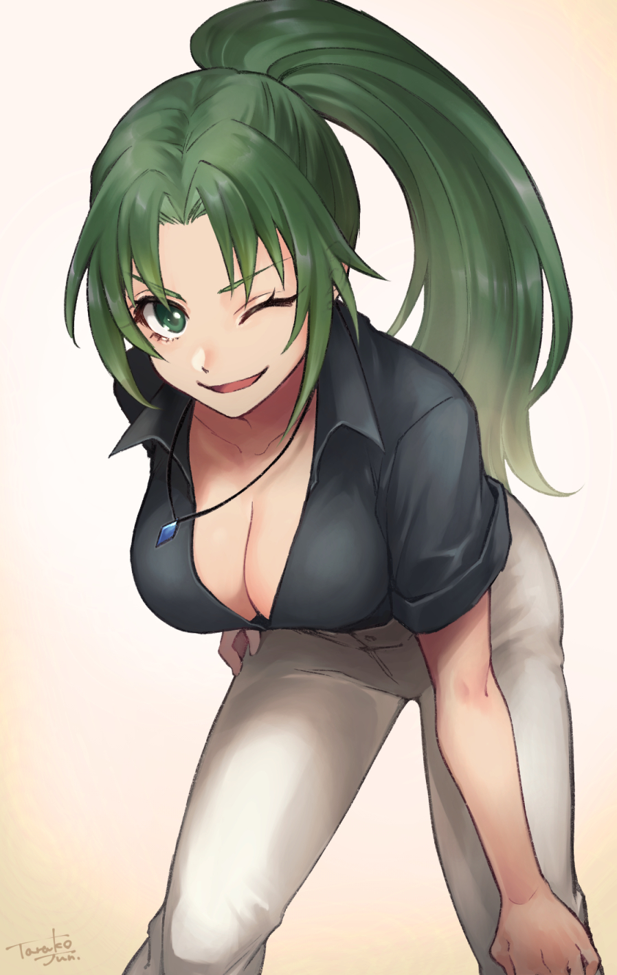 1girl, ;d, beige_background, bent_over, black_shirt, breasts, cleavage, collared_shirt, commentary, cowboy_shot, downblouse, green_eyes, green_hair, hand_on_own_hip, hand_on_own_knee, highres, higurashi_no_naku_koro_ni, jewelry, large_breasts, long_hair, looking_at_viewer, one_eye_closed, open_mouth, pants, parted_bangs, parted_lips, pendant, ponytail, shirt, short_sleeves, signature, smile, solo, sonozaki_mion, standing, tarako_jun, v-neck, v-shaped_eyebrows, white_pants